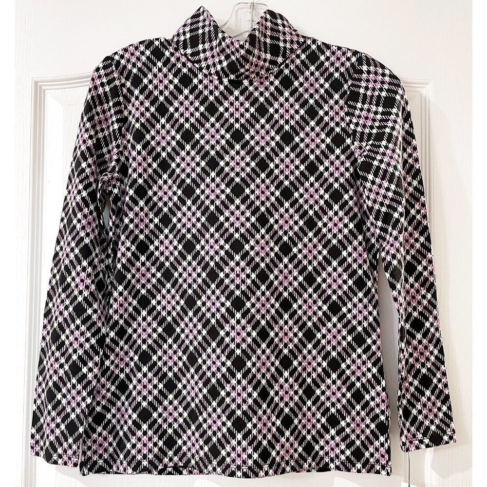 NWT Talbots Black White Violet Bias Plaid Turtleneck Size Petite S